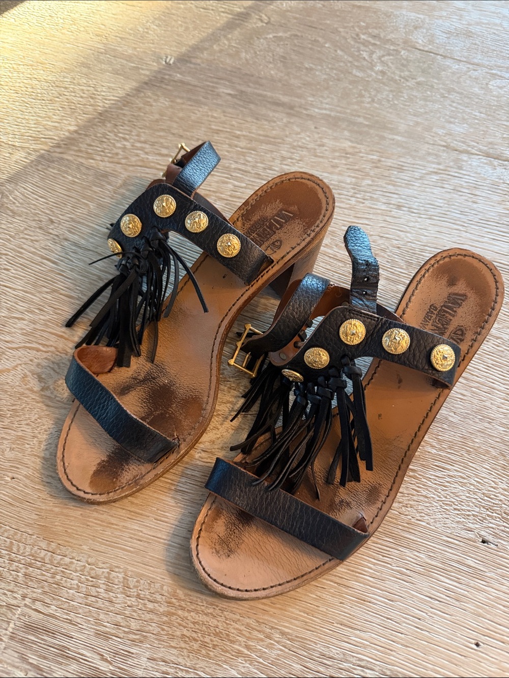 Valentino Black Leather Fringe Slide Sandals with Gold Medallions